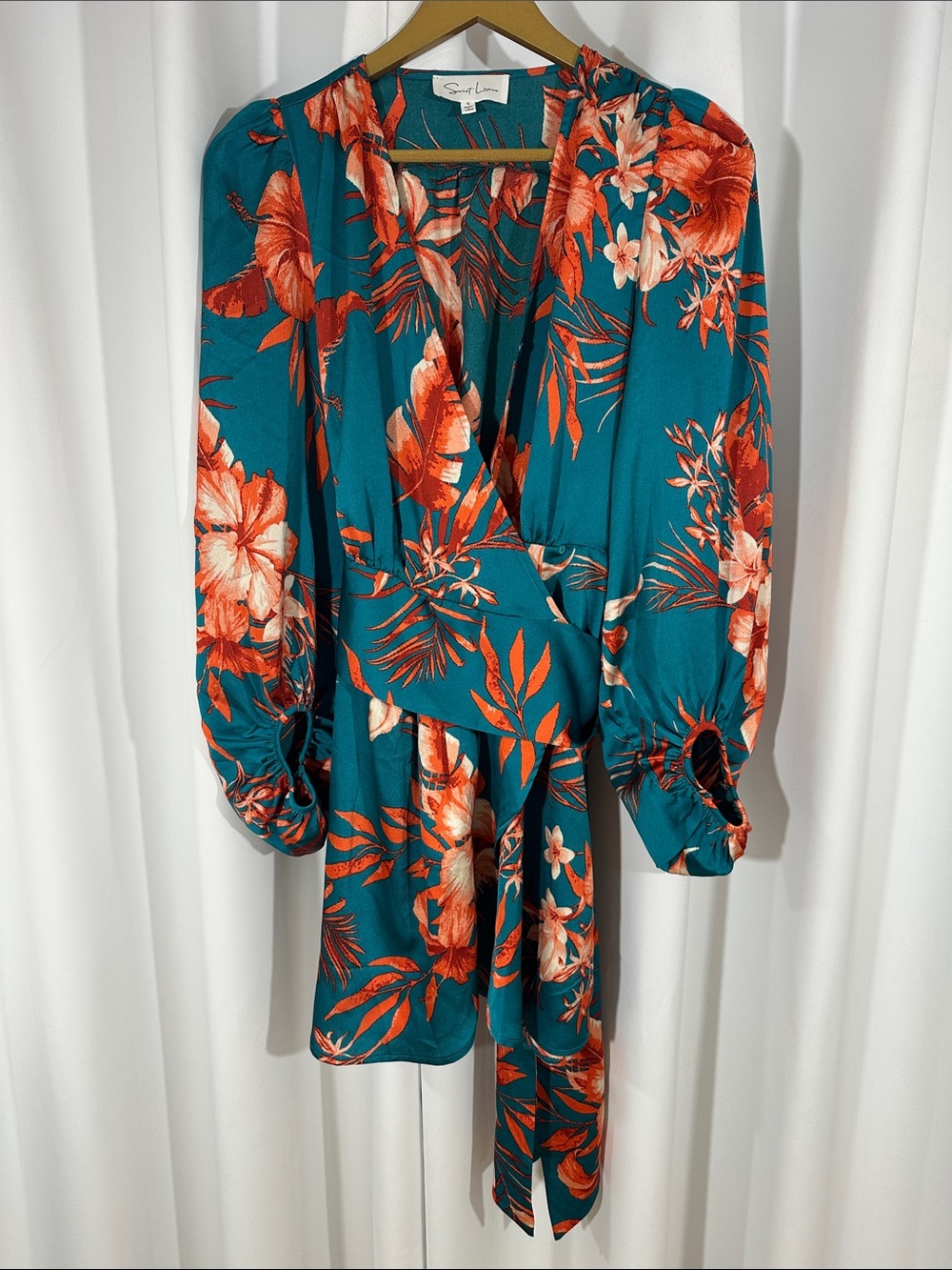 Sweet Lemon Tropical Floral Wrap Mini Dress Small Teal Balloon Sleeve Tie Waist